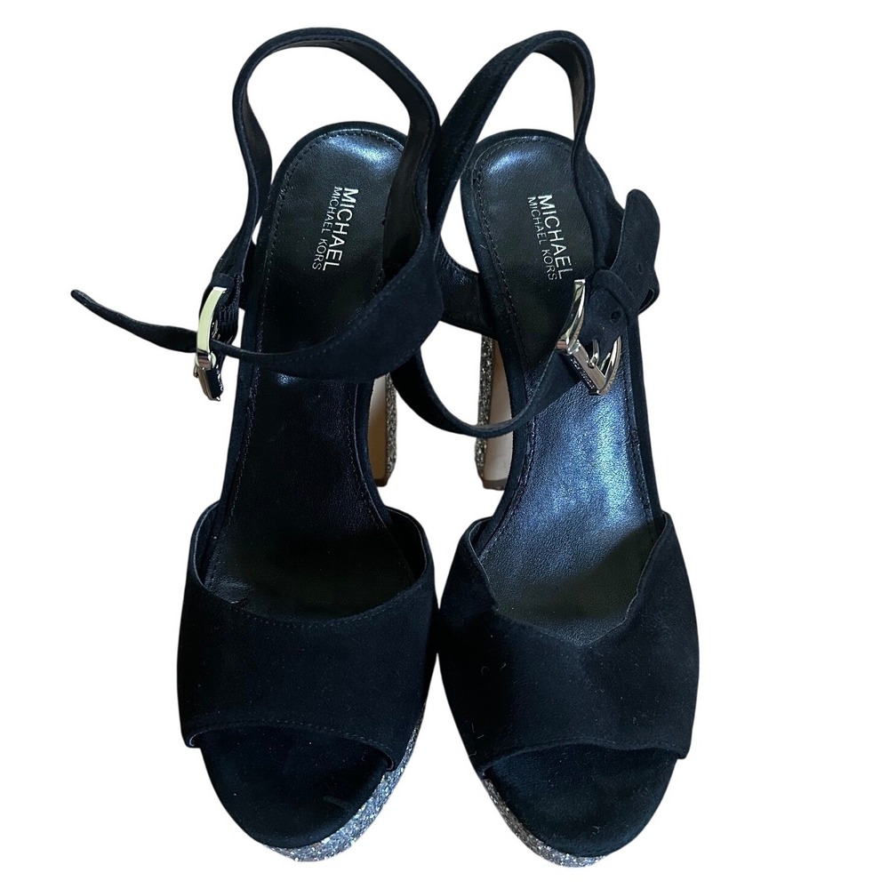 Michael Kors Black Suede Silver Glitter Platform Block Heel Sandals Women's 9 - Picture 3 of 5